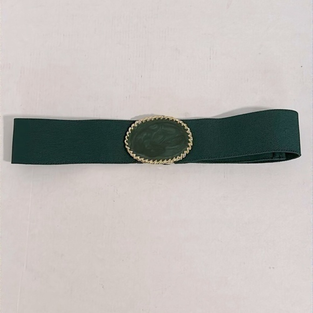 VINTAGE Motion East Golden & Emerald Green oval marbled Buckle & Stretch Belt